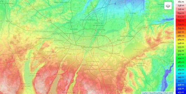 Mappa altimetrica di Monaco di Baviera